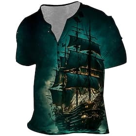 Men's Boat T Shirt Short Sleeve 3D Print Vintage Fashion Exaggerated Party Daily Summer Spring Fall Blue Brown Green Gray Henley Collar Henley T-Shirt