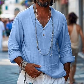Men's Shirt Linen Shirt Popover Shirt Summer Shirt Beach Wear Plain Vacation Casual Black Khaki Light Blue Long Sleeve Collar Spring  Summer Clothing Apparel
