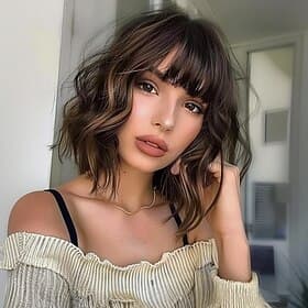 Short Brown Highlight Wigs for Women Ombre Dark Brown Mixed Gold Wig Highlights with Bangs Medium Length Synthetic Hair Wavy Bob Wig Colorful Wigs Halloween Wi