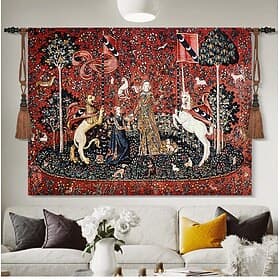Jacquard Woven Medieval Tapestry Gobelin Aubusson The Lady and The Unicorn Loom Cotton Weave Wall Art Hanging Larger Tapestry Historic Middle Ages Tapestry Rep