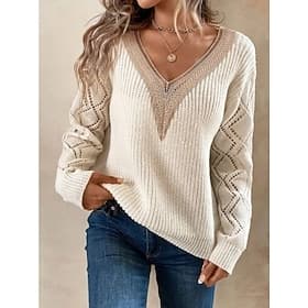 Women's Pullover Sweater Jumper Elegant Solid Color Ribbed V Neck Lace Long Sleeve Regular Tops Knit Daily Black White Spring Fall