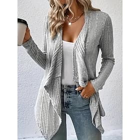 Women's Cardigan Coat Casual Solid Color Ribbed Open Front Knitted Asymmetric Hem Long Sleeve Regular Tops Knit Daily Green Khaki Spring Fall
