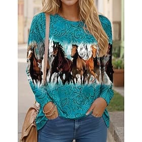 Women's T shirt Long Sleeve Crew Neck Long Sleeve Tunic Casual Horse Print Regular Tops Daily Blue Spring Fall Prefall