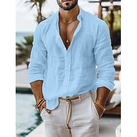 Men's Shirt Linen Shirt Summer Shirt Beach Wear Button Up Shirt Plain Casual Daily Blue Black White Pink Long Sleeve Collar Spring Summer Clothing Apparel