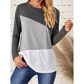 Women's T Shirt Casual Print Long Sleeve Regular Tops Crew Neck Daily Gray / White Spring Fall
