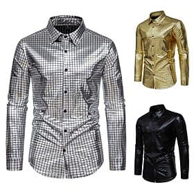 Disco 1980s Shiny Metallic Blouse / Shirt Masquerade Disco Plaid Checkered Fancy Dress Men's Carnival Costume Masquerade Party / Evening Pride Parade Pride Mon