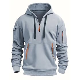 Men's Hoodie Quarter Zip Hoodie Tactical Royal Blue Light Grey Gray Hooded Plain Pocket Daily Sports  Outdoor Holiday Polyester Streetwear Cool Casual Spring