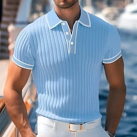 Men's Textured Muscle Shirt Work Casual Lapel Ribbed Polo Collar Short Sleeve Basic Modern Color Block Patchwork Pocket Spring  Summer Slim Fit Light Blue Whit