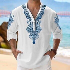 Men's Shirt Button Up Shirt Henley Shirt Long Sleeve Tribal Fashion Casual Vacation Causal Casual Summer Spring Fall Mandarin Collar Band Collar Buttons Prin