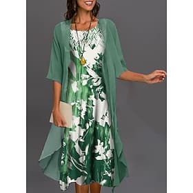 Women's Graduation Dress Midi Dress Two Piece Dress Set Dress Green Blue Gray Half Sleeve Floral Print Summer Spring U Neck Casual