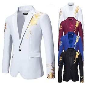Men's Blazer Business Wedding Party Without Dress Pants Fashion Casual Spring   Fall Polyester Plain Printing Buttons Casual / Daily Single Breasted Blazer Bla