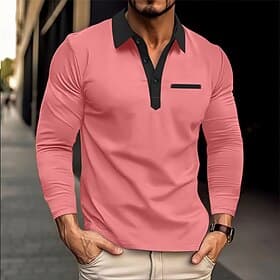 Men's Golf Shirt Golf Polos Shirts Casual Work Lapel Long Sleeve Basic Modern Color Block Patchwork Buttons Spring   Fall Regular Fit White Dark Pink Golf Shir
