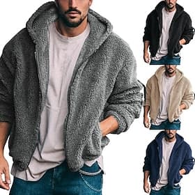 Men's Winter Jacket Polar Fleece Jacket Hoodied Jacket Daily Vacation Thermal Warm Pocket Fall  Winter Plain Fashion Streetwear Hooded Regular Black Navy Blue