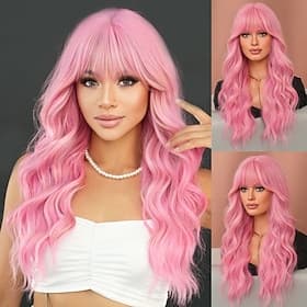 Long Wavy Pink Wig 24in Natural Heat Resistant Fiber Synthetic Curly Light Pink Wigs with BangsHalloween Cosplay Party Wigs