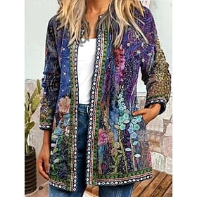 Women's Casual Lightweight Coat Open Front Jacket Dailywear Long Sleeve WVith Pocket Square Neck Print Floral Casual / Boho Vintage Loose Fit Outerwear Long Sl