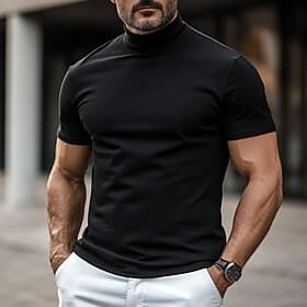 Men's T Shirt Mock Turtleneck Short Sleeve Stand Collar Fall  Winter Summer Spring Solid Color Plain Fashion Casual Comfortable Soft Casual Vacation Street Whi