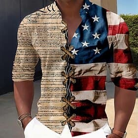 American Independence Day Men's American Flag Patriotic Button Up Shirt Long Sleeve Casual Vacation Daily Summer Spring   Fall Grandad Collar Band Collar 3D Pr