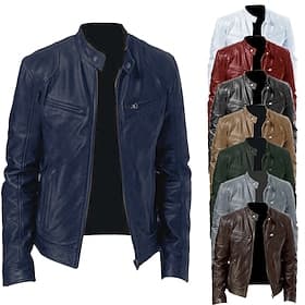 Men's Faux Leather Jacket Transition Jacket Biker Jacket Red Leather Jacket Vacation Daily Windproof Warm Pocket Fall  Winter Plain Fashion Classic Stand Colla thumbnail 2