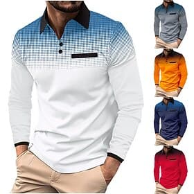Men's Golf Shirt Golf Polos Shirts Casual Work Lapel Long Sleeve Basic Modern Polka Dot Color Block Patchwork Buttons Spring   Fall Regular Fit Iron Gray Wine
