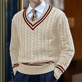 Herren Pullover Overall Gedrehtes Stricken Standard Strick Streifen V Ausschnitt Moderne zeitgenössische Weihnachten Arbeit Bekleidung Winter Weiß Gelb M L XL