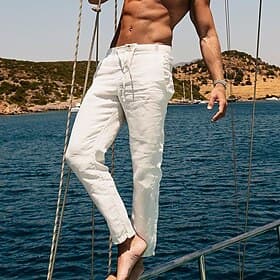 Men's Linen Pants Trousers Summer Pants Beach Pants Front Pocket Straight Leg Plain Comfort Breathable Casual Daily Holiday Fashion Designer White Blue