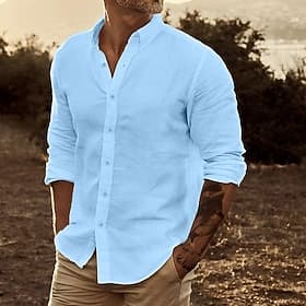 Men's Linen Shirt Summer Shirt Beach Wear Button Up Shirt Untucked Shirts Plain Vacation Casual White Yellow Pink Blue Long Sleeve Lapel Spring  Summer Clothin