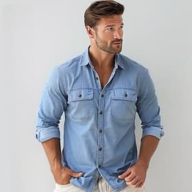 Men's 100% Cotton Shirt Button Up Shirt Casual Shirt Button Down Shirt Blue Long Sleeve Solid Color Turndown Shirt Collar Outdoor Work Pocket Clothing Apparel