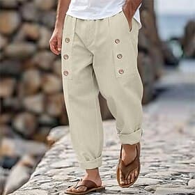 Men's Linen Pants Trousers Summer Pants Buttons Front Pocket Pleats Plain Comfort Breathable Full Length Casual Daily Holiday Fashion Basic Loose Fit Black Whi