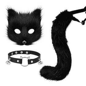 nepbont vos masker wolf kat pluizige staart en leren ketting set carnaval feest cosplay kostuum accessoire