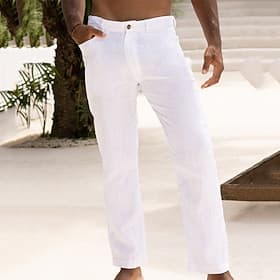 Men's Linen Pants Dress Pants Summer Pants Buttons Front Pocket Straight Leg Plain Comfort Breathable Casual Daily Holiday Fashion Basic Black White