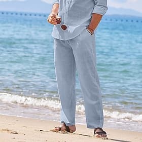 Men's Linen Pants Trousers Summer Pants Beach Pants Drawstring Elastic Waist Plain Comfort Breathable Outdoor Daily Going out Fashion Streetwear Black White