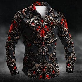 Men's Costumes Button Up Shirt Long Sleeve Dark Party Evening Wear Business Daily Fall Winter Spring Summer Shirt Collar Button Up 3D Print Red Purple Orange