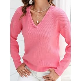 Women's Sweater V Neck Crochet Knit Braided Spring Fall Work Stylish Long Sleeve Solid Color Black Pink