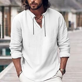 Men's Shirt Linen Shirt Viking Style Pirate Shirt Summer Shirt Beach Wear Black White Pink Blue Long Sleeve Plain V Neck Spring Summer Casual Daily Clothing A