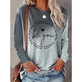 Women's T shirt Long Sleeve Crew Neck Long Sleeve Tunic Casual Print Regular Tops Daily Weekend Gray Spring  Fall Prefall
