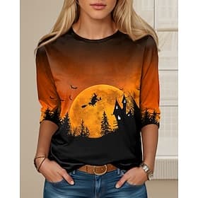 Women's T shirt Witch Long Sleeve Crew Neck Long Sleeve Tunic Tee Daily Casual Orange Spring Fall Prefall