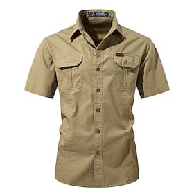 Men's Shirt Workwear Shirts Casual Shirt Work Shirt Button Up Shirt Black Blue khaki Army Green Gray Short Sleeve Plain Lapel Vacation Holiday Pocket Clothing