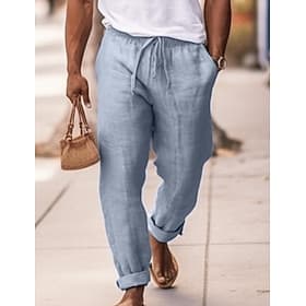 Men's Linen Pants Trousers Summer Pants Drawstring Elastic Waist Plain Comfort Soft Full Length Daily Going out Beach Fashion Simple Navy Blue Sky Blue Micro-e
