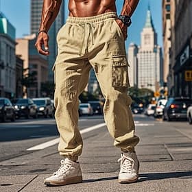 Men's Cargo Pants Joggers Cargo Joggers Trousers Drawstring Elastic Waist Multi Pocket Plain Breathable Outdoor Daily Camping  Hiking Fashion Classic Black Whi