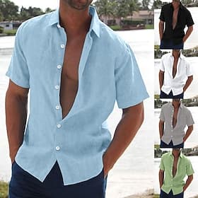 Men's Linen Shirt Summer Shirt Beach Wear Button Up Shirt Solid Color Vacation Party Blue Black White Pink Short Sleeve Turndown Summer Clothing Apparel Button