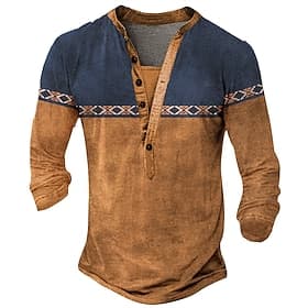 Herren Stammes T Shirt Henley Hemd Langarm 3D-Druck Designer Retro Vintage Straße Lässig Täglich Sommer Frühling Herbst Dunkelbraun Schwarz Blau Braun Grün Hen