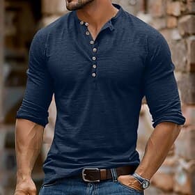 Men's Henley Shirt Tee Top Long Sleeve Shirt Long Sleeve Solid Color Fashion Daily Buttons Henley Casual Outdoor Summer Dark Grey Dark Red Navy Blue Henley T-S
