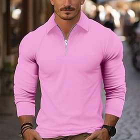 Men's Zip Polo Golf Shirt Casual Work Lapel Long Sleeve Basic Modern Plain Zipper Spring Fall Regular Fit Wine Black Pink Zip Polo