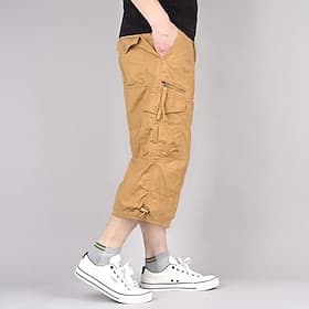 Men's Capri Pants Cargo Shorts Shorts Hiking Shorts Elastic Waist Multi Pocket Plain Comfort Wearable Casual Daily Streetwear Sports Stylish Khaki ArmyGreen