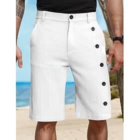 Men's Shorts Linen Shorts Summer Shorts Pocket Side Button Straight Leg Solid Color Comfort Breathable Knee Length Casual Daily Vacation Fashion White Green In