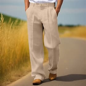 Men's Dress Pants Linen Pants Trousers Summer Pants Pleated Pants Front Pocket Straight Leg Plain Comfort Breathable Full Length Casual Daily Holiday Fashion S