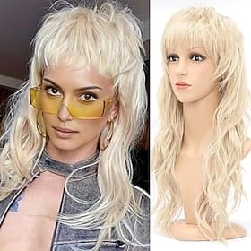 80s 90s Mullet Wigs Pixie Cut Wigs with Bangs for Black Women, Wolf Wig Wavy Long Synthetic Split Wigs with Fringe Mullet Wig for Women Long Cosplay wig Hallow