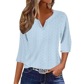 Women's Texture Blouse Eyelet Top Pointelle Tee Blouse Hollow Out Solid Color Stylish Modern 3/4 Length Sleeve V Neck Regular Tops Casual Daily Work Blue Yello