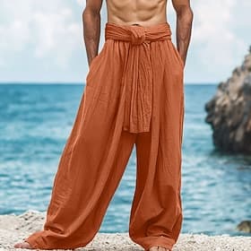 Homme Pantalons en Lin Pantalons Pantalon d'été Cordon de serrage Taille Élastique in in france they say Pontalon wide leg Uni Confort Respirant Longueur compl