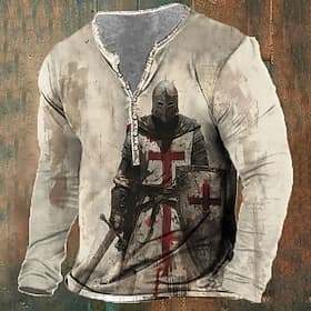 Men's Knights Templar Christian T Shirt Henley Shirt Long Sleeve 3D Print Designer Retro Vintage Casual Daily Street Summer Spring Fall Khaki Henley Henley T-S